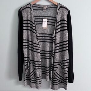 Chico’s Easywear Alastrina Striped Gray Black Open Front Light Knit Cardigan